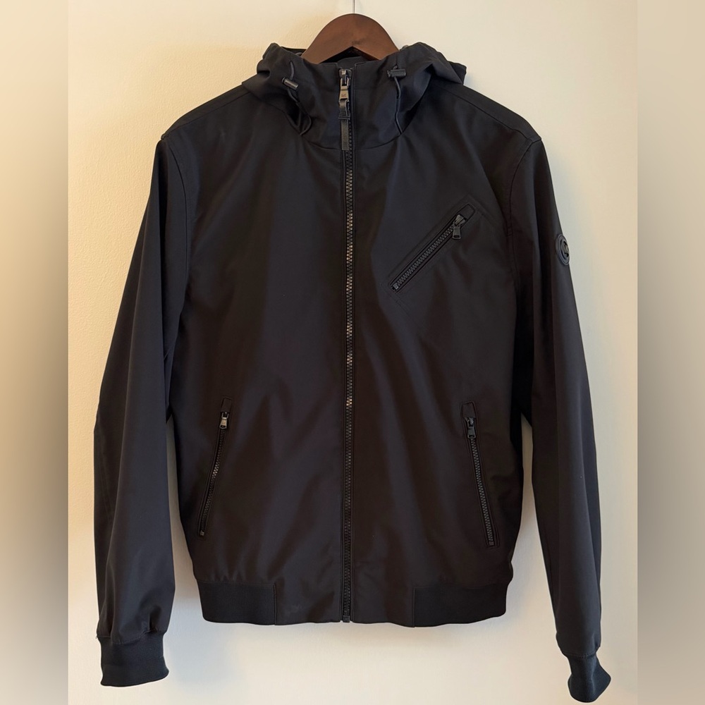 Michael Kors Men’s Black/Charcoal Bomber Jacket with Hood – Size M